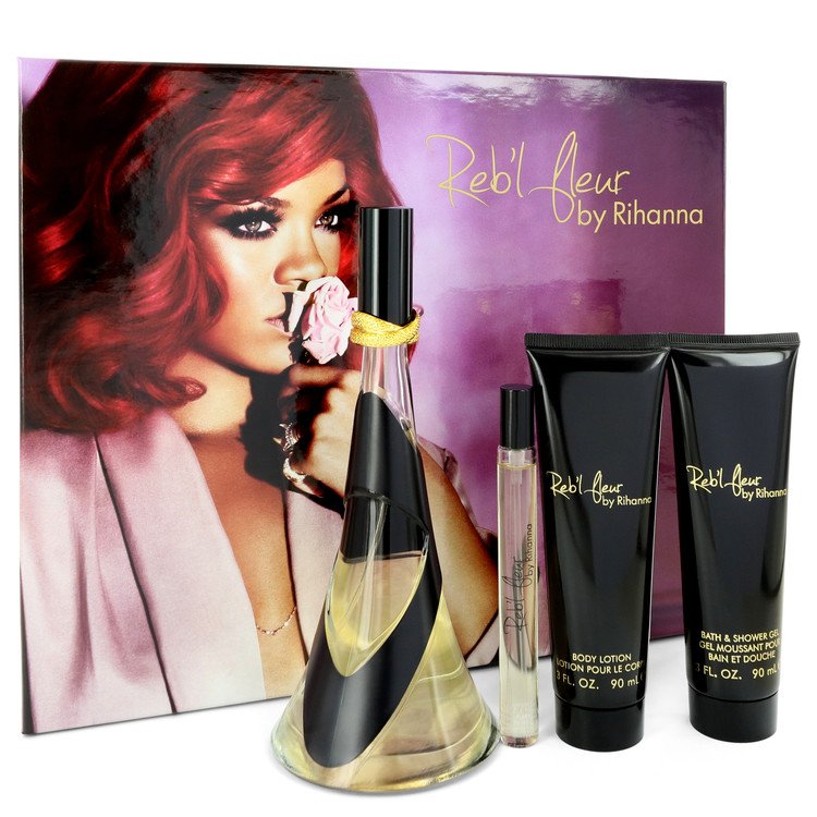Reb'l Fleur by Rihanna Gift Set -- 3.4 oz Eau De Parfum Spray + 3 oz Body Lotion + 3 oz Shower Gel + .34 oz Mini EDP Spray Women
