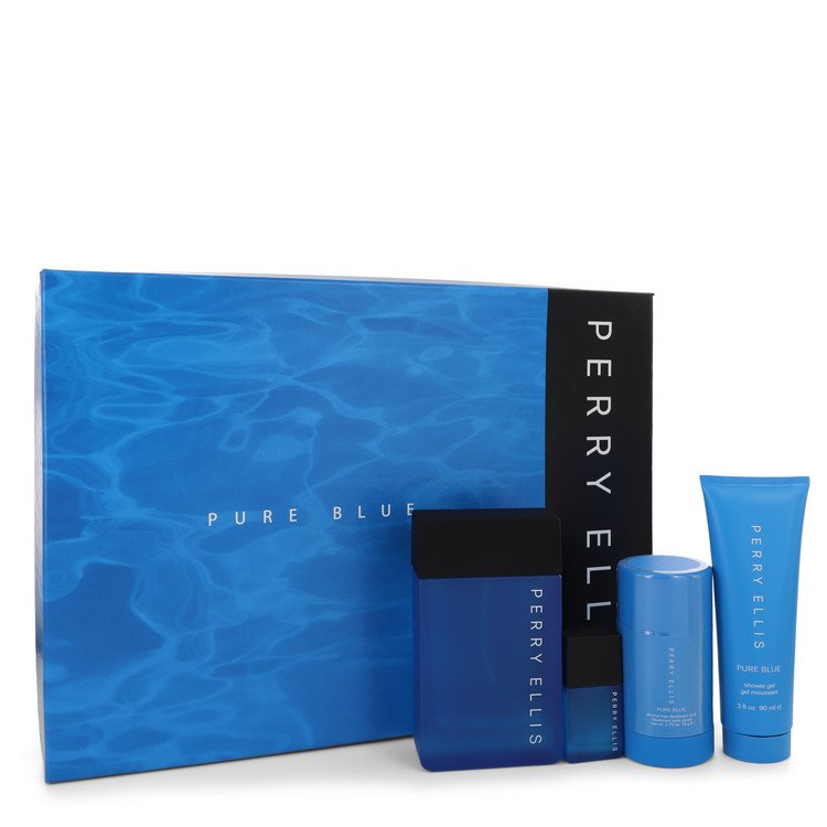 Perry Ellis Pure Blue by Perry Ellis Gift Set -- 3.4 oz Eau De Toilette Spray + 3 oz Shower Gel + 2.75 oz Deodorant Stick + .25 oz Travel EDT Spray Men