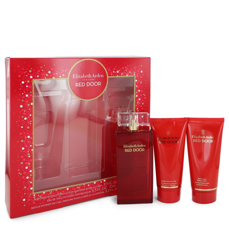 RED DOOR by Elizabeth Arden Gift Set -- 3.3 oz Eau De Toilette Spray + 3.3 oz Body Lotion + 3.3 oz Shower Gel Women